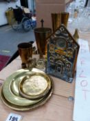 A VINTAGE BRASS MONEY BANK, AND OTHER ASSORTED BRASS WARES.