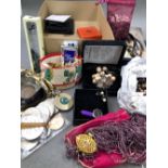 A COLLECTION OF COSTUME JEWELLERY, COINS, AND VINTAGE HAIR SLIDES. ETC.