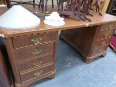 A LARGE HARDWOOD TWIN PEDESTAL WRITING DESK. W 168 X D 102 X H 76CMS.