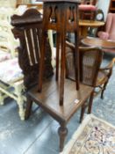 A VICTORIAN OAK HALL CHAIR AND A PLANT STAND.