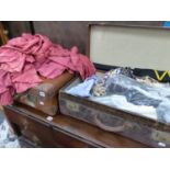 TWO VINTAGE SUIT CASES,A PAIR OF SILK CURTAINS, AND VARIOUS SILK TEXTILES.