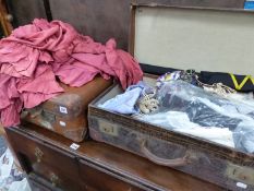 TWO VINTAGE SUIT CASES,A PAIR OF SILK CURTAINS, AND VARIOUS SILK TEXTILES.