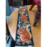A HAND EMBROIDERED SQUIRREL DECORATED BELL PULL.