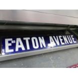 A BLUE AND WHITE ENAMEL STREET SIGN "EATON AVENUE"