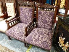 A VICTORIAN GENTLEMANS ARMCHAIR EN SUITE WITH A LADYS CHAIR