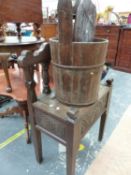 AN OAK COFFER SEATED CHAIR, A MILKING BUCKET, FOLDING CAULDRON STAND AND A FRAME