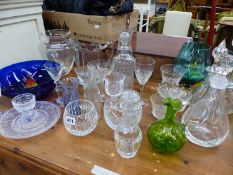 VARIOUS GLASS DECANTERS, WINE GLASSES, ETC.