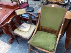 AN EDWARDIAN CORNER CHAIR AND A SMALL ANTIQUE ROCKING CHAIR.