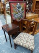 A VICTORIAN MAHOGANY AND ROSEWOOD FRAME BEADED POLE SCREEN, TOGETHER WITH A SMALL GEORGIAN DROP LEAF