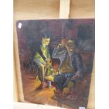 A 20TH CENTURY OIL ON BOARD OF FIGURES BY THE FIRE INSCRIBED VERSO 50 X 40 CM