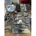 A QUANTITY OF SILVER PLATED CUTLERY, NAPKIN RINGS, ETC.