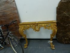 A GILT CONSUL TABLE TOGETHER WITH AN UNASSOCIATED MARBLE CONSUL TABLE TOP, AND A WALNUT SIDE BOARD
