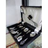 A HALLMARKED SILVER SET OF DESSERT SPOONS AND SERVER CASED.