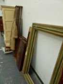 A SET OF FOUR IRON SHELF SUPPORTS, A VERY LARGE PINE WORKTOP, FOUR WOODEN STANDS, A PAIR OF FRAMES