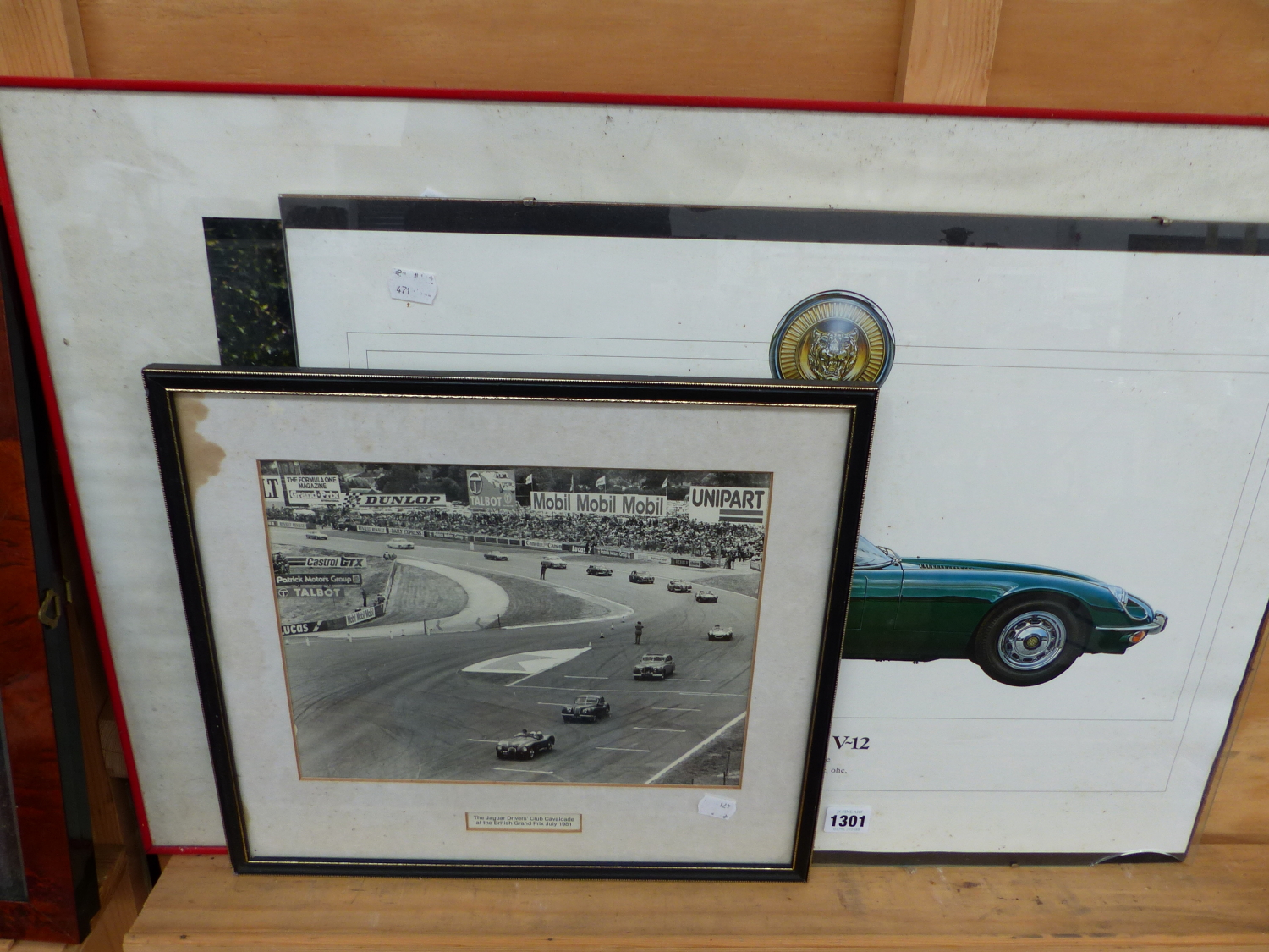 THREE MOUNTED PICTURES OF JAGUARS, TWO OF E TYPES. SIZES VARY