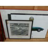 THREE MOUNTED PICTURES OF JAGUARS, TWO OF E TYPES. SIZES VARY