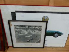 THREE MOUNTED PICTURES OF JAGUARS, TWO OF E TYPES. SIZES VARY