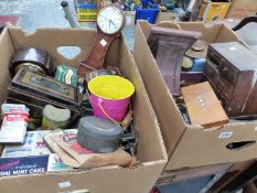 VINTAGE COLLECTORS TINS, MANTLE CLOCKS, BOX OF TOOLS ETC.