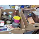 VINTAGE COLLECTORS TINS, MANTLE CLOCKS, BOX OF TOOLS ETC.