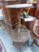 A CARVED TRIPOD TABLE TOGETHER WITH A CARVED TWO TIER OCTAGONAL TABLE