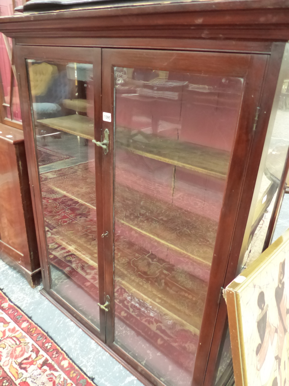 A GLAZED MAHOGANY TWO DOOR DISPLAY CABINET. W 102 x D 36 x H119cms.