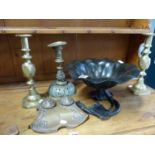 AN ART NOUVEAU DESK STAND, A BRONZE LILY FORM BOWL, A PAIR OF CANDLESTICKS AND ONE OTHER.