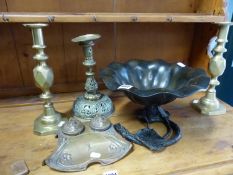 AN ART NOUVEAU DESK STAND, A BRONZE LILY FORM BOWL, A PAIR OF CANDLESTICKS AND ONE OTHER.