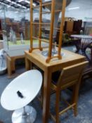 A TALL OAK BREAKFAST TABLE AND STOOLS, TWO RETRO CHAIRS AND A TOWEL RAIL, ETC. TABLE W 73 X D 73 X H