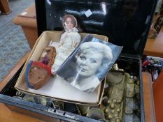 A TIN DEED BOX, VARIOUS BRASSWARES, A SMALL GERMAN BISQUE HEAD DOLL, ETC.