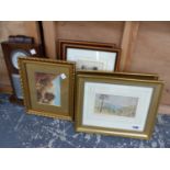 A PAIR OF 19th.C. LANDSCAPE WATRCOLOURS. 9 x 16cms. TOGETHER WITH OTHER PICTURES AND A VINTAGE OAK