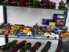 A COLLECTION OF DIE CAST CARS, LORRIES, FUEL PUMPS, A PLANE AND UTILITY VEHICLES