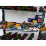 A COLLECTION OF DIE CAST CARS, LORRIES, FUEL PUMPS, A PLANE AND UTILITY VEHICLES