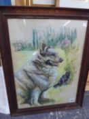AN EARLY 20th.C. WATERCOLOUR OF A DOG AND CAT, SIGNED INDISTINCTLY AND TWO OTHER WATERCOLOURS BY