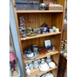 A QUANTITY OF DECORATIVE CHINA WARES, SILVER PLATED WARES, A LUSTRE GLASS VASE, EMBROIDERY SILKS,