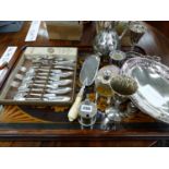 AN EDWARDIAN MAHOGANY POKER WORK DECORATED TEA TRAY, VARIOUS SILVER PLATED WARES, A HALLMARKED