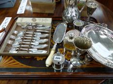 AN EDWARDIAN MAHOGANY POKER WORK DECORATED TEA TRAY, VARIOUS SILVER PLATED WARES, A HALLMARKED