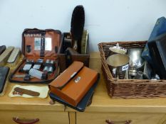 VARIOUS VINTAGE TRAVEL SETS AND BRUSHES, SILVER PLATED WARE ETC.