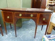 A GEORGE III MAHOGANY BOW FRONT SIDE BOARD. W 150 X D 62 X H 94CMS.
