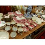 AN ANTIQUE HAND PAINTED PART TEA SERVICE, A CROWN STAFFORDSHIRE COFFEE SERVICE, COPELANDS RED AND
