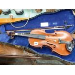 A VINTAGE VIOLIN WITH TWO PIECE BACK, COMPLETE WITH BOW AND CASE, UNNAMED. LENGTH OF BACK 14.5".