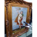 A SIGNED DECORATIVE OIL PAINTING ON CANVAS OF A NYMPH IN SWEPT GILT FRAME 91 X 62 CM