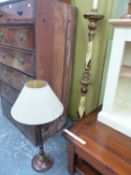 A VINTAGE HAND PAINTED STANDARD LAMP AND A GEORGIAN STYLE REEDED MAHOGANY TABLE LAMP.