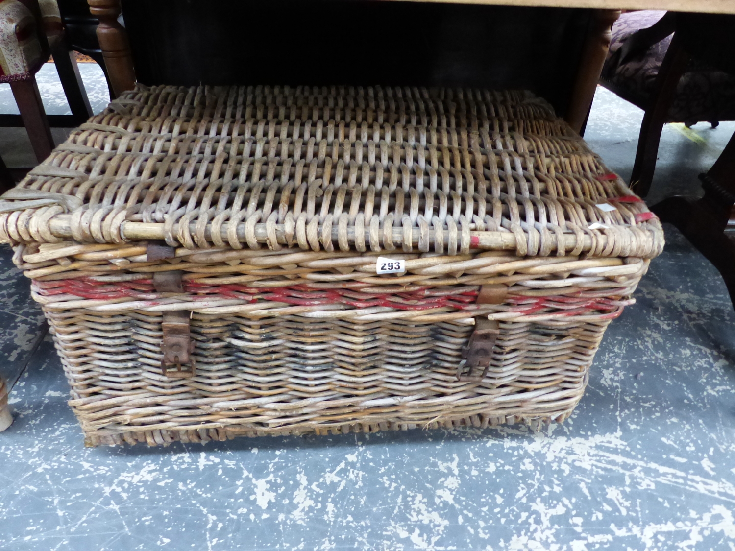 A LARGE WICKER HAMPER AND A SERVANTS BELL.