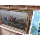 A LARGE GILT FRAMED PICTURE OF HIGHLAND CATTLE AND FURTHER DECORATIVE PICTURE (QTY)