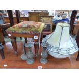 A VICTORIAN SMALL STOOL, WASH BOWLS, HOG SCRAPER CANDLESTICK, LIGHT SHADE ETC.