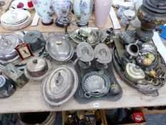 A QUANTITY OF VARIOUS SILVER PLATED WARES, AN EASTERN BRASS SAMOVAR, ETC.