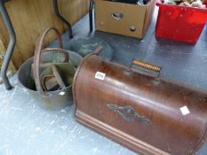 A SINGER SEWING MACHINE, BRASS JAM PAN, VINTAGE IRONS AND A WARMING PAN.