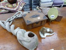 A DECORATIVE CARVED WOODEN BALL CHAIN AND HAND, TOGETHER WITH TWO TRINKET BOXES, A MINIATURE BRASS