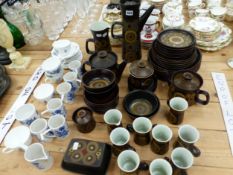 A DENBY BROWN GLAZED BREAKFAST SET TOGETHER WITH BLUE AND WHITE TEA AND COFFEE WARES