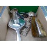 A HALLMARKED SILVER PAIR OF TOAST RACKS, A SILVER THREE PART DRESSING TABLE SET, TWO SILVER BLADE